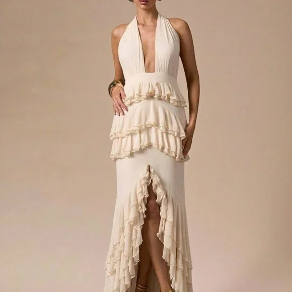 Apricot Sexy Women's Deep V-Neck Fitted Elegant Ruffle Hem Dress - Picture 5 of 7